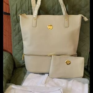 JOY MANGANO Elegant Cream Tote Bag with Gold Accents